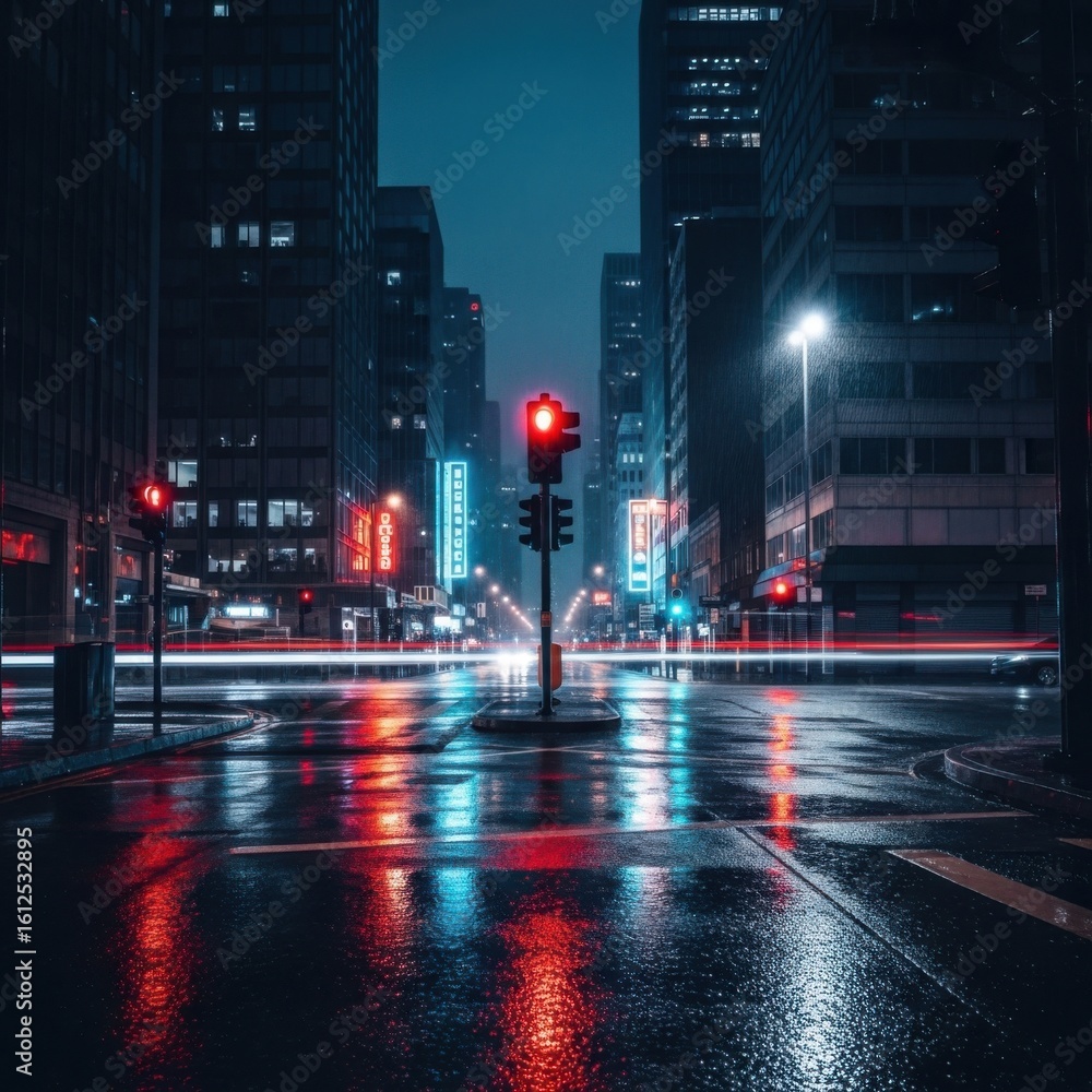 Obraz premium Rainy Night Cityscape with Traffic Lights and Reflections