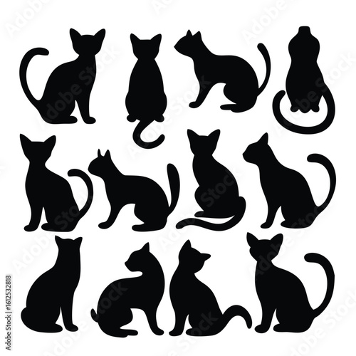 Elegant Cat Silhouettes Diverse Poses and Perspectives in a Striking Black and White Composition Featuring Feline Charm and Grace