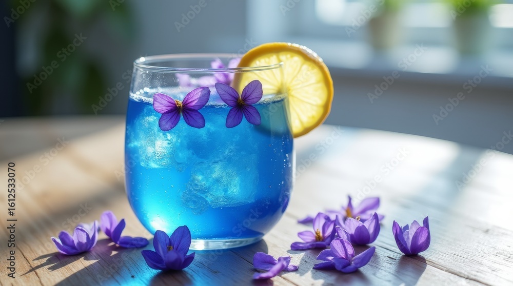A blue butterfly pea flower drink garnished with lemon slices and purple flowers. Served in a glass on a wooden table. A blue butterfly pea flower drink garnished with lemon slices and purple flowers. Served in a glass on a wooden table.