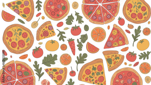 A repeating pattern of pizza slices, whole pizzas, tomatoes, oranges, and leafy greens on a light background