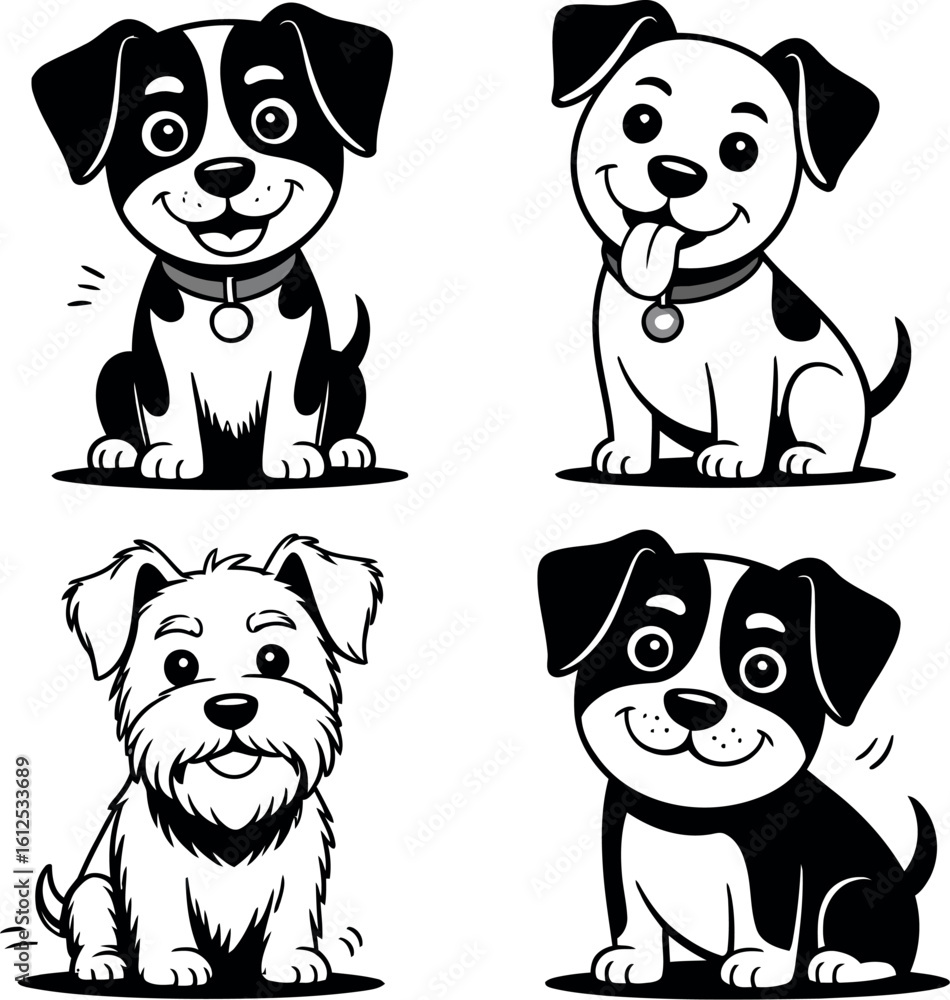 Obraz premium Four cartoon dogs in black and white sitting with collars and smiling on a light background art