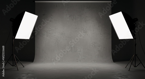 Empty professional photo studio with modern lighting equipment and a gray textured backdrop for production.