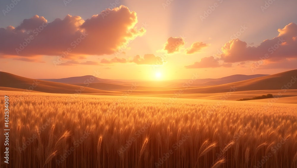 Fototapeta premium Golden Wheat Field at pink and orange Sunset with Rolling Hills realistic portrait 8k
