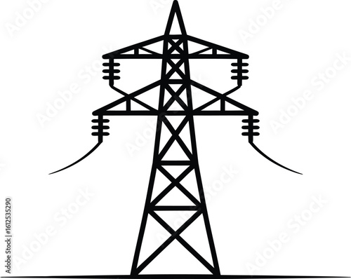 Black silhouette of an electricity pylon against a white background