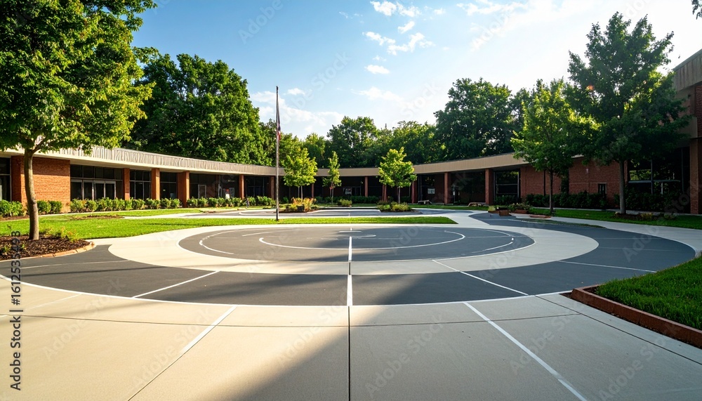 Fototapeta premium Exterior view of a modern building with a circular driveway and surrounding trees.