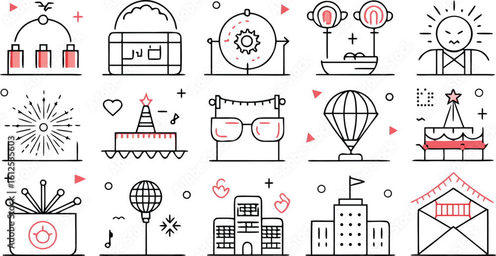 Naklejka premium Collection of hand drawn line art icons with red accents depicting various objects and concepts vector