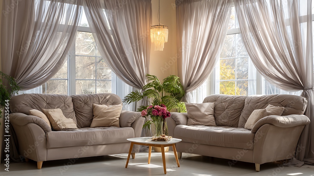 Fototapeta premium Sunlit living room with beige sofas, sheer curtains, and a coffee table displaying flowers