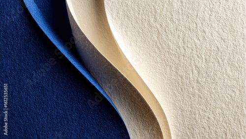 Layers of textured paper in deep blue, cream, and white are curled to reveal depth and subtle variations in color and light, creating an abstract composition