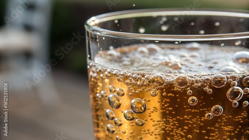 The image shows a close-up of a glass filled with a bubbly amber liquid, with water droplets adhering to the outside of the glass, and it looks