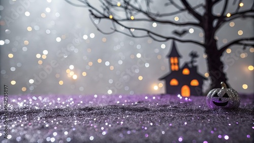 The image features a glittery purple surface with bokeh lights, a silhouetted haunted house, bare tree, and a sparkly pumpkin, giving off a spooky and festive Halloween