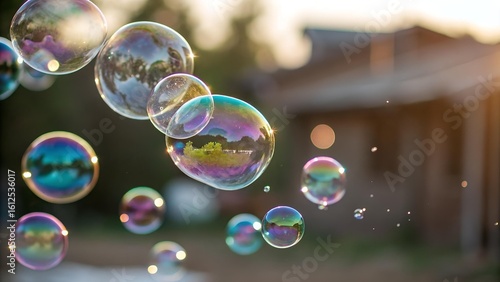The image displays a collection of iridescent soap bubbles floating in the air, reflecting the surrounding environment with a magical, ethereal