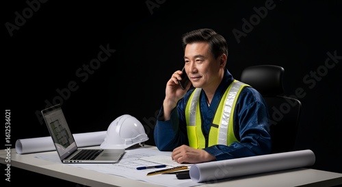 A focused construction manager works late at night reviewing blueprints and taking a phone call.