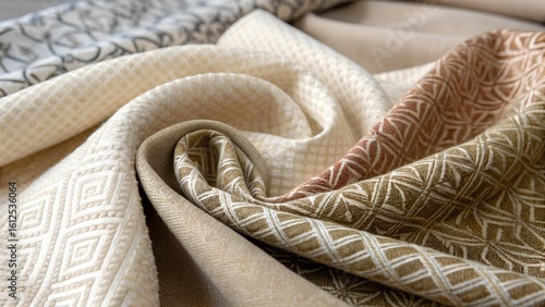 Close-up showing textured fabrics in neutral tones, with repeating geometric patterns, rolled and layered for a soft, inviting feel and visual