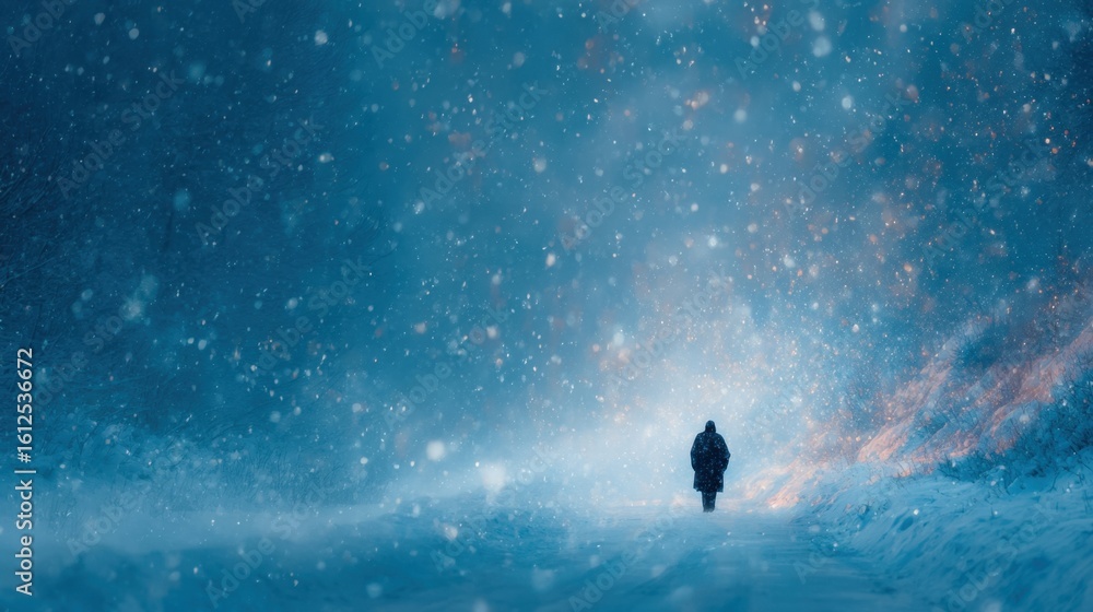 Fototapeta premium Person walking alone through heavy snowfall in a serene winter forest