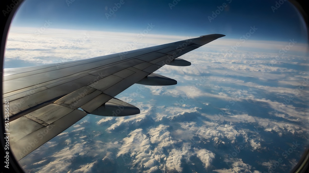 Obraz premium Scenic aerial view from an airplane window, showing the wing soaring high above a vast expanse of clouds