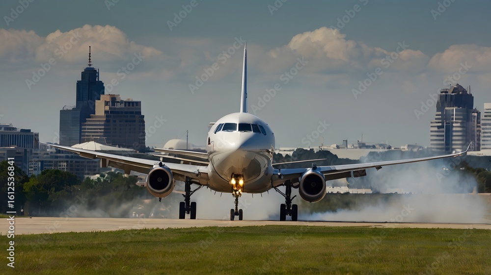 Fototapeta premium Airplane Landing Approach with City Skyline Background