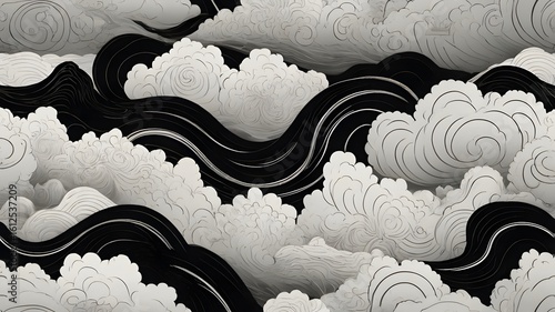 Illustration of clouds and waves in black and white colors.