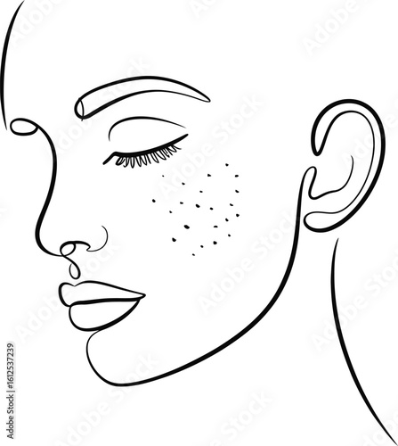 Minimalist line art drawing of a woman s face with acne