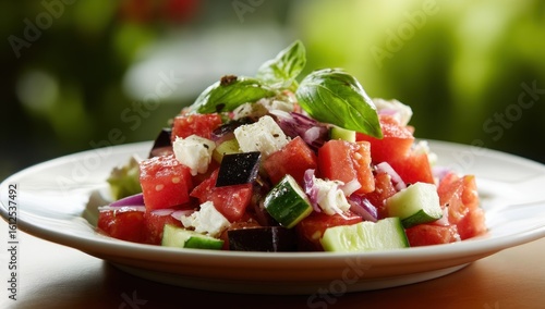 Colorful summer salad piled on a plate, with watermelon, cucumber, feta cheese, red onion and basil. Greenery blurs in the background giving depth to the close-up shot
