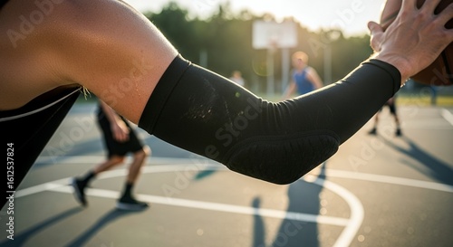 Closeup of a basketball players arm wearing an elbow pad during a game