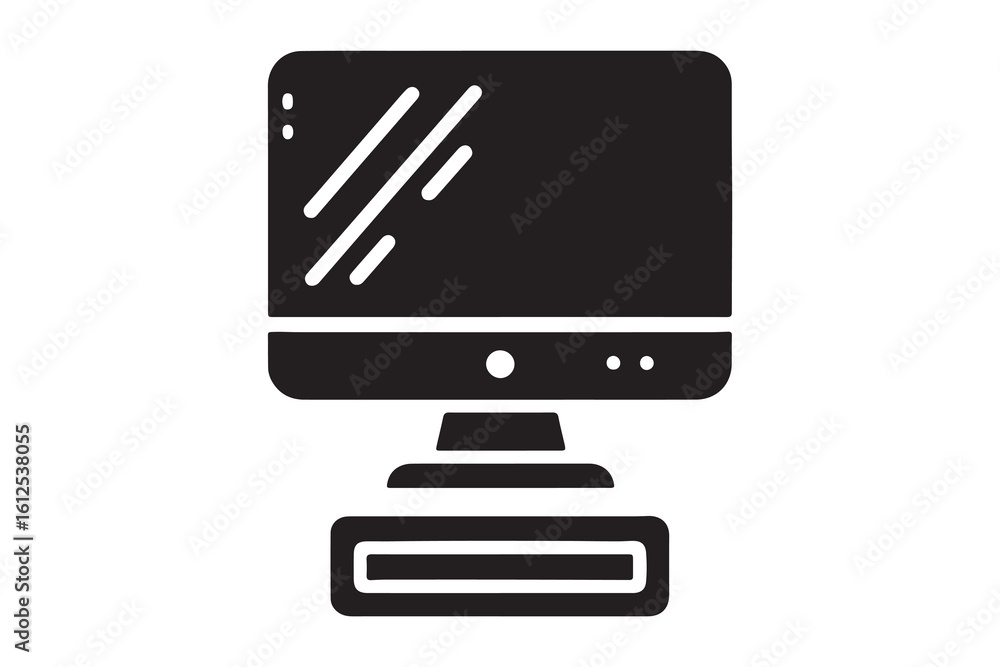 A black icon of a computer monitor showing a user profile symbol against a white background A black icon of a computer monitor showing a user profile symbol against a white background