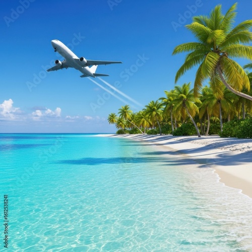 Tropical paradise beach vacation destination with airplane overhead
