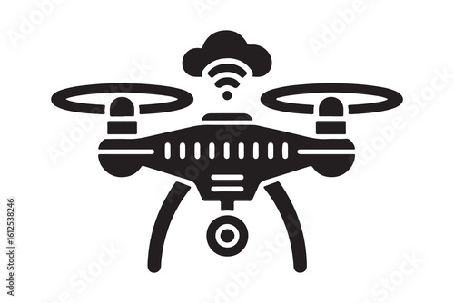 Drone inspection logo. Drone Silhouette with Camera – Black and White Vector Illustration