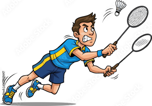 Cartoon badminton player in mid-air dive with two rackets and shuttlecock