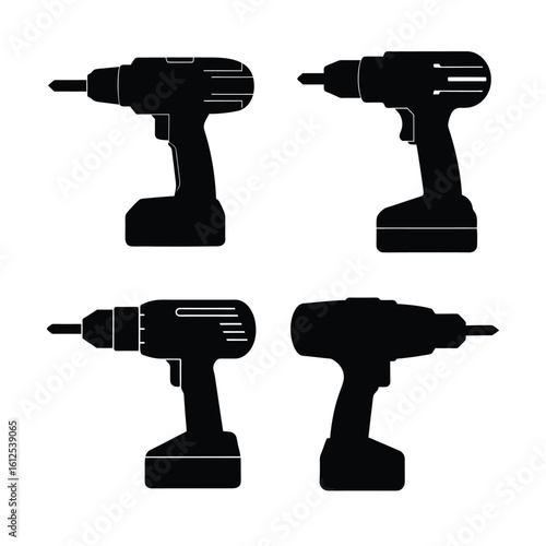 Tools & DIY Equipment Silhouettes – Black Vector Icon Set of Electric Drills and Power Screwdrivers for Construction, Repair, and Home Improvement