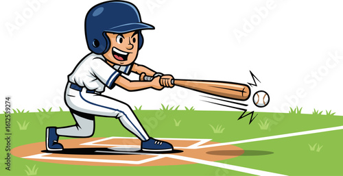 Cartoon Baseball Player Swinging Bat at Ball on Home Plate