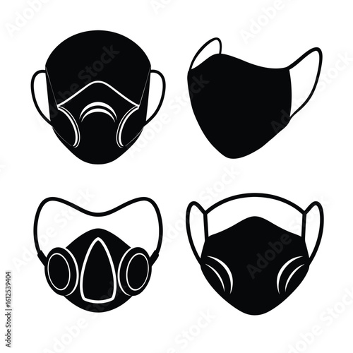 Tools & DIY Equipment Silhouettes – Black Vector Icon Set of Safety Face Masks and Respirators for Construction, Painting, and Protective Workwear