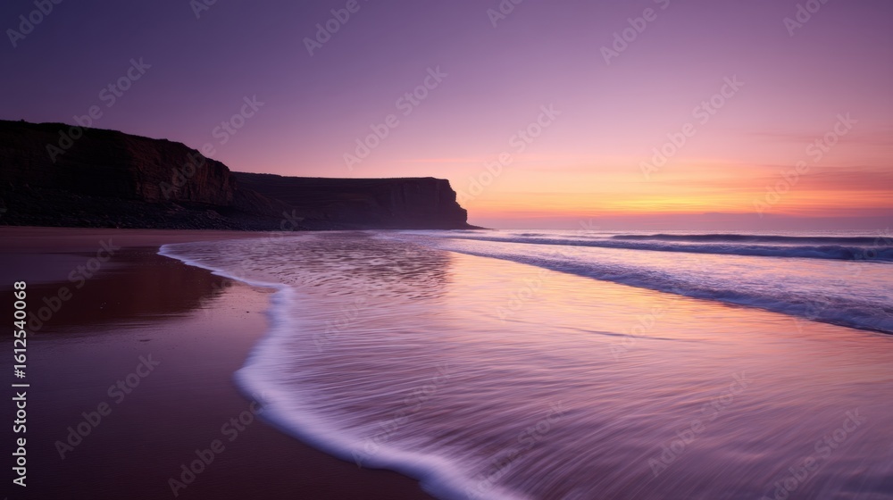 Fototapeta premium Sunset reflection on serene beach coastal landscape tranquil seascape dusk aesthetic beauty