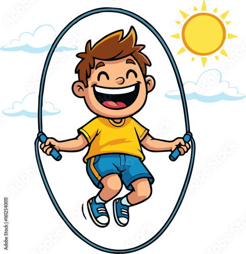 Cartoon Boy Jumping Rope with Joyful Expression Under Sunny Sky