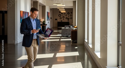 A businessman uses his laptop and phone while walking through a modern building hallway.