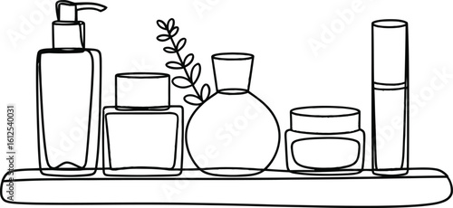 Hand drawn sketch of various cosmetic bottles and jars on a shelf