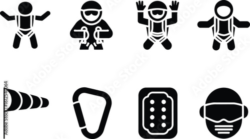 Set of skydiving and extreme sports icons with people and equipment