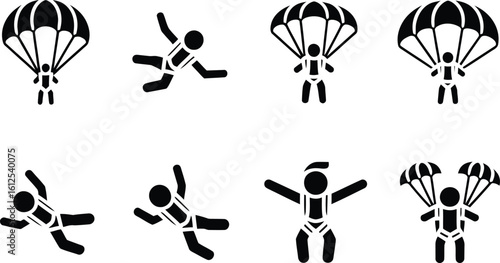 Set of stylized icons depicting skydivers in various freefall and parachute descent poses