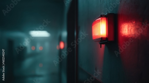 Emergency alert system activation hospital corridor photography dark environment close-up view safety concept