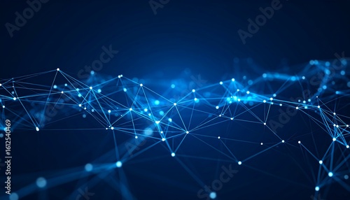 Abstract digital network; glowing nodes and lines on dark blue background