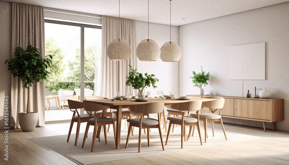 Fototapeta premium Bright dining room interior with a wooden table, chairs, pendant lights, and plants, bathed in natural light from a large window.