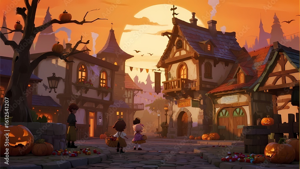 Fototapeta premium Spooky Halloween Night with Haunted House and Full Moon