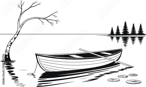 Rowboat on a calm lake with a bare tree and distant pine trees
