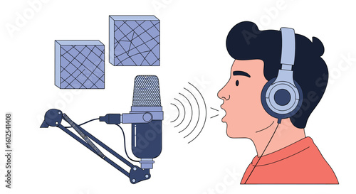 Audio Recording Professional Broadcasting Podcast Microphone Studio Equipment Voice Actor Speaking into Microphone Headphones Sound Waveform Studio Production