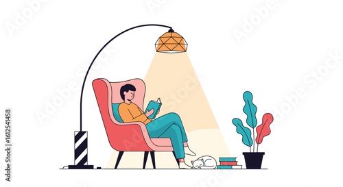Enjoying a peaceful evening reading a captivating book in a cozy armchair under a warm lamp with a plant nearby and scattered books