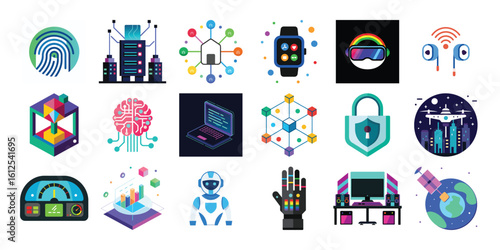 Vector art of a vibrant collection of technology and artificial intelligence icons
