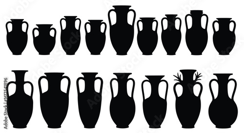 Collection of Black Greek Amphorae and Vases Silhouettes Art and Design Elements for Historical or Decorative Projects