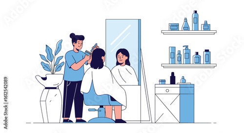 Professional Hairstylist Carefully Styling Client Hair in Modern Salon with Styling Products on Shelves and Mirror Reflection