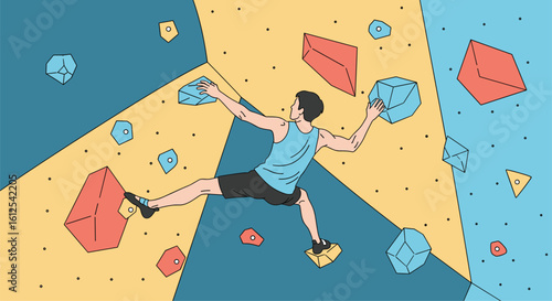 Young Man Demonstrating Bouldering Technique on an Indoor Climbing Wall Featuring Colorful Holds and Geometric Designs