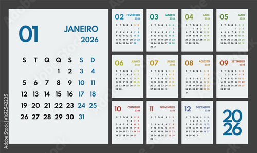2026 year monthly office planner, calendar starts monday, two colorful weekends, white background, portuguese months name