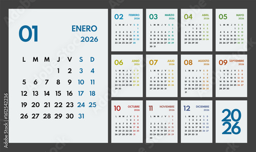 2026 year monthly office planner, calendar starts monday, two colorful weekends, white background, spanish months name